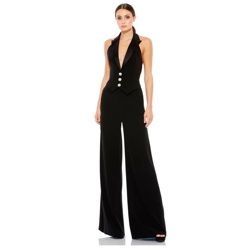 NWOT Ieena for Mac Duggal Black Tuxedo Halter Jumpsuit